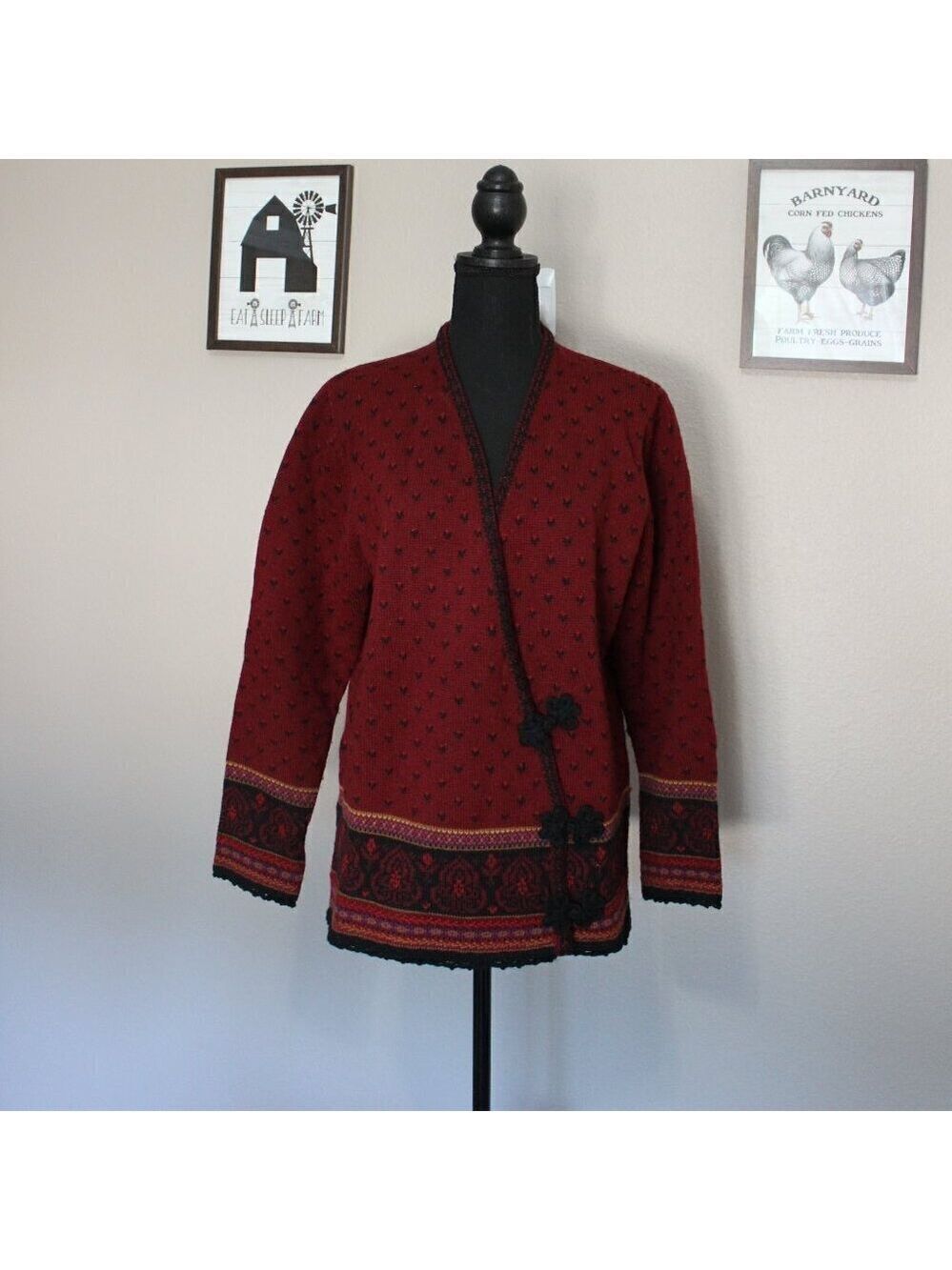 Susan Bristol Womens Worsted Wool Wrap 90s Wrap Sweater Size Large Cabin Granny